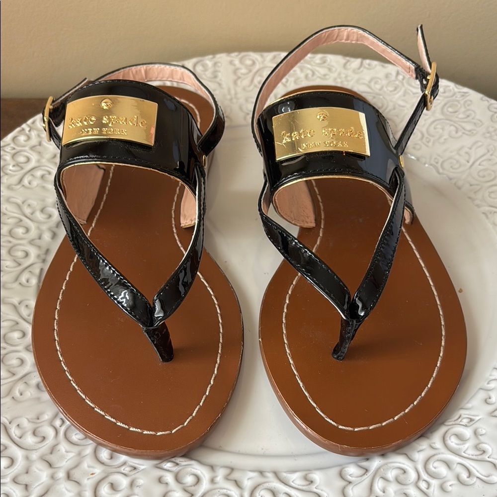 Kate Spade Black and Brown Sandals with Gold Accents Size 5 1/2M